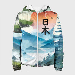 Куртка с капюшоном женская Восход красного солнца - Японский пейзаж, цвет: 3D-белый