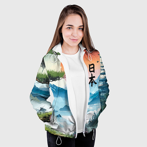 Женская куртка Восход красного солнца - Японский пейзаж / 3D-Белый – фото 3