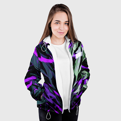 Женская куртка Хаотичная чёрно-фиолетово абстракция / 3D-Белый – фото 3