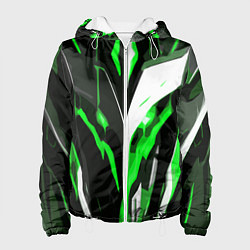 Куртка с капюшоном женская Зелёно-белая абстракция и чёрный фон, цвет: 3D-белый