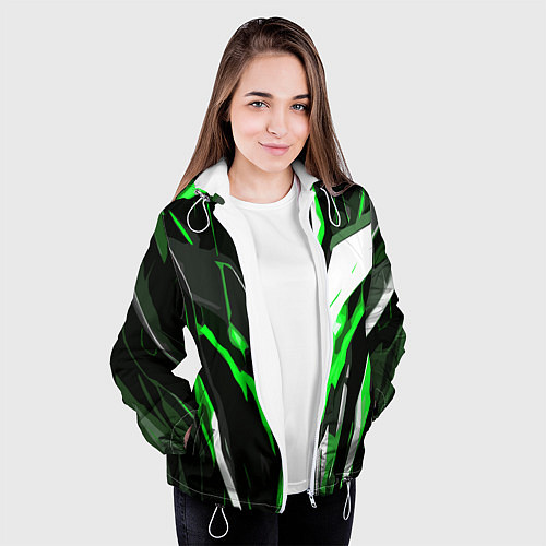Женская куртка Зелёно-белая абстракция и чёрный фон / 3D-Белый – фото 3