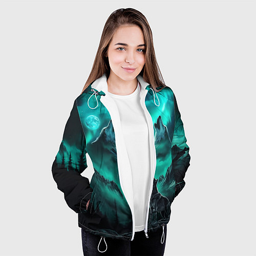 Женская куртка Волки воют на луну и северное сияние / 3D-Белый – фото 3