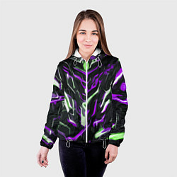 Куртка с капюшоном женская Фиолетово-белые абстрактные линии на чёрном фоне, цвет: 3D-белый — фото 2