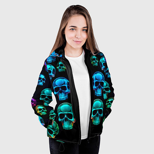 Женская куртка Neon skulls - ai art pattern / 3D-Черный – фото 3