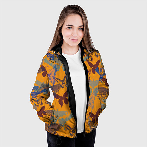 Женская куртка Бабочки на оранжевом - паттерн / 3D-Черный – фото 3