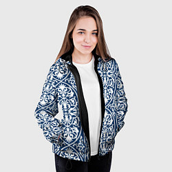 Куртка с капюшоном женская Геометрический узор арабеска бело-синий, цвет: 3D-черный — фото 2
