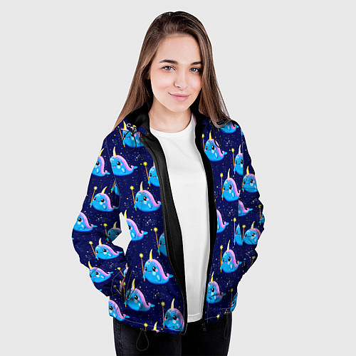Женская куртка Нарвалы паттерн / 3D-Черный – фото 3