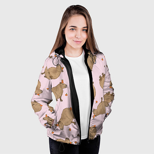 Женская куртка Паттерн с капибарами и мандаринками розовый / 3D-Черный – фото 3