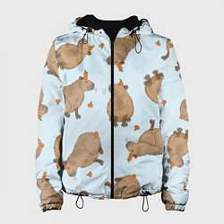 Куртка с капюшоном женская Паттерн с капибарами и мандаринками голубой, цвет: 3D-черный