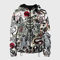 Куртка с капюшоном женская Японский самурай и драконы паттерн, цвет: 3D-черный
