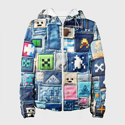 Куртка с капюшоном женская Minecraft на пэчворк джинсах, цвет: 3D-белый