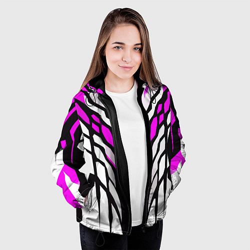 Женская куртка Агрессивные чёрно-розовые полосы на белом фоне / 3D-Черный – фото 3