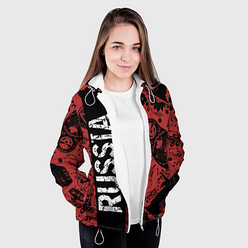 Женская куртка Россия на фоне матрёшек балалайки и славянских узо / 3D-Белый – фото 3