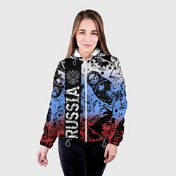 Куртка с капюшоном женская Герб России на фоне матрёшек балалайки и славянски, цвет: 3D-белый — фото 2
