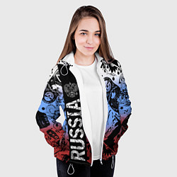 Куртка с капюшоном женская Герб России на фоне матрёшек балалайки и славянски, цвет: 3D-белый — фото 2