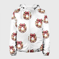 Куртка с капюшоном женская Много новогодних пончиков с бантиком и ягодами, цвет: 3D-белый
