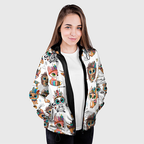 Женская куртка Зверушки индейцы цветной паттерн / 3D-Черный – фото 3
