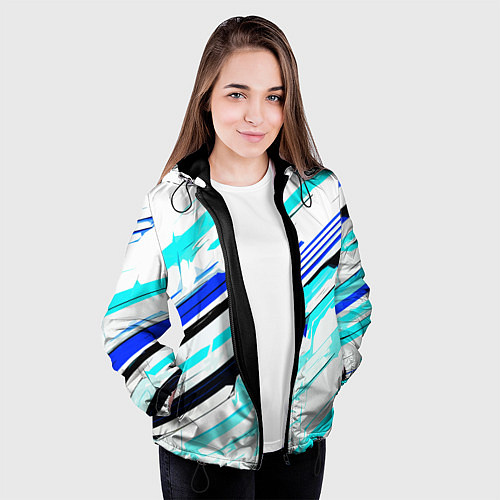 Женская куртка Чёрно-сине-голубые полосы на белом фоне / 3D-Черный – фото 3