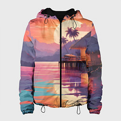 Куртка с капюшоном женская Летний домик пальмы закат, цвет: 3D-черный