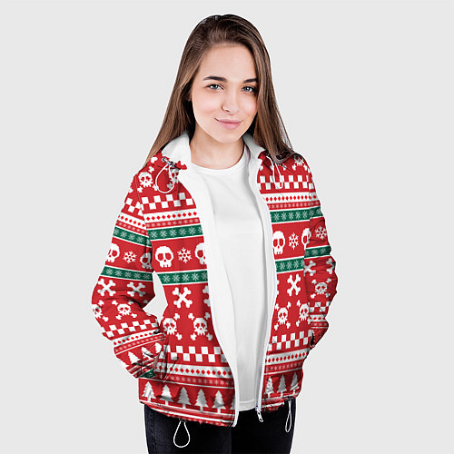 Женская куртка Новогодний паттерн с черепами в новый год / 3D-Белый – фото 3