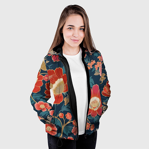 Женская куртка Искусство алые цветы / 3D-Черный – фото 3