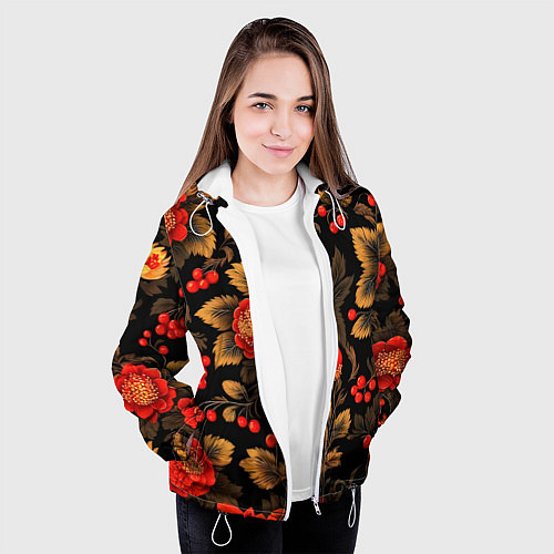 Женская куртка Русская хохлома, цветы, паттерн / 3D-Белый – фото 3