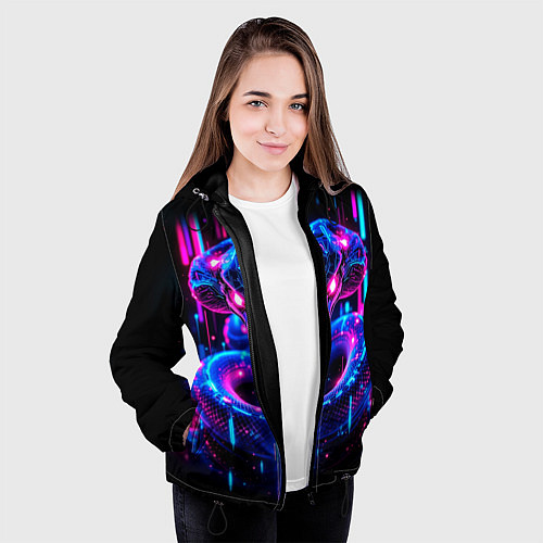 Женская куртка Cyberpunk неоновая синяя змея / 3D-Черный – фото 3