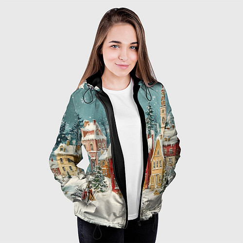 Женская куртка Праздничный новогодний город / 3D-Черный – фото 3