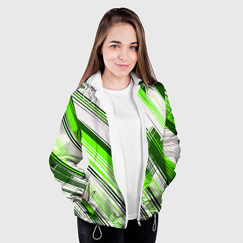 Женская куртка Зелёные диагональные полосы на белом фоне / 3D-Белый – фото 3