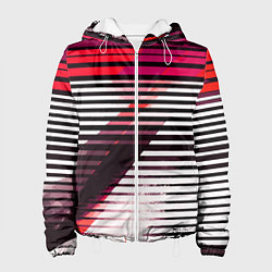 Куртка с капюшоном женская Красно-чёрные полосы на белом фоне, цвет: 3D-белый