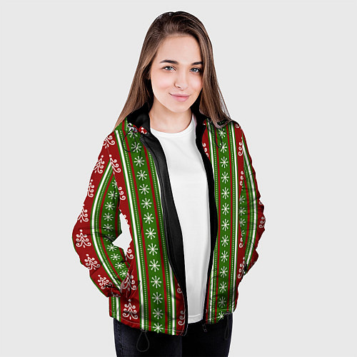 Женская куртка Новогодний полосатый узор с ёлками и снежинками / 3D-Черный – фото 3