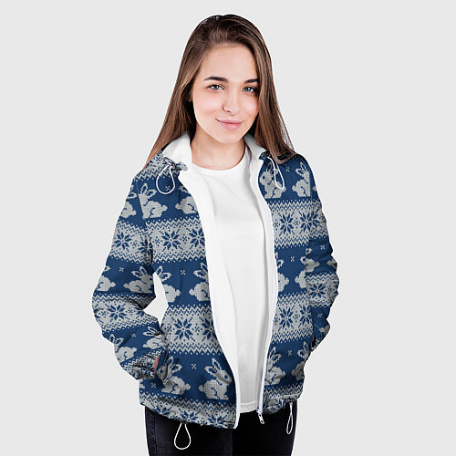 Женская куртка Вязаный зимний узор с милыми зайчатами / 3D-Белый – фото 3
