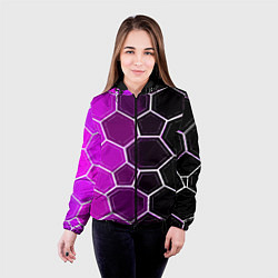 Куртка с капюшоном женская Белые шестиугольники на чёрно-фиолетовом фоне, цвет: 3D-черный — фото 2