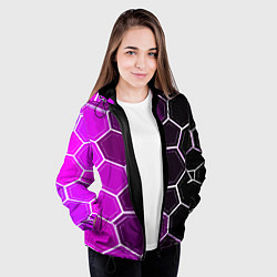 Куртка с капюшоном женская Белые шестиугольники на чёрно-фиолетовом фоне, цвет: 3D-черный — фото 2