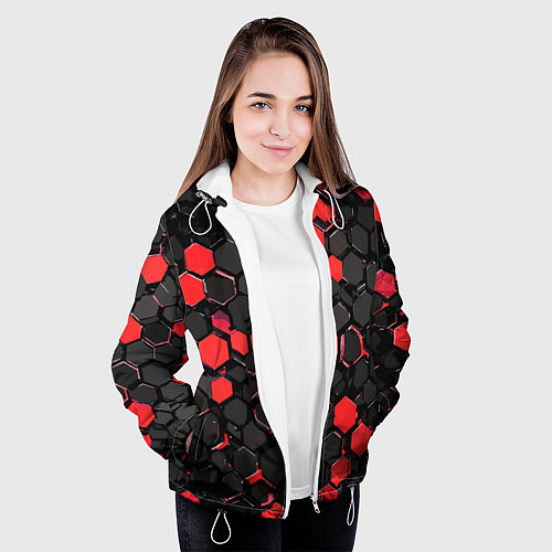 Женская куртка Красно-серые шестиугольники на чёрном фоне / 3D-Белый – фото 3