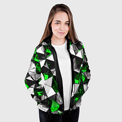 Куртка с капюшоном женская Зелёно-белые рельефные треугольники на чёрном фоне, цвет: 3D-черный — фото 2