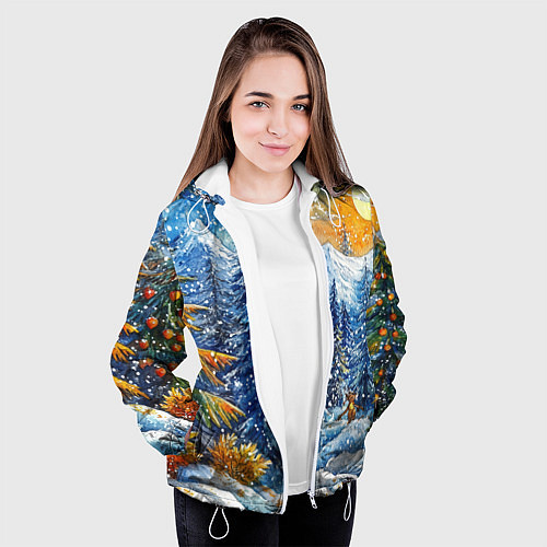 Женская куртка Новогодние елки в лесу масляные краски / 3D-Белый – фото 3