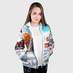 Куртка с капюшоном женская Новогодний пейзаж и домики, цвет: 3D-белый — фото 2