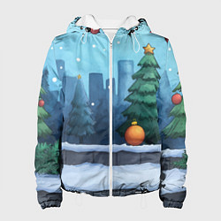 Куртка с капюшоном женская Елки и елочные игрушки, цвет: 3D-белый