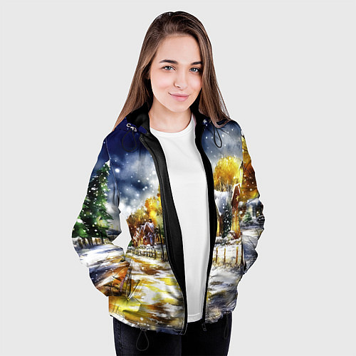 Женская куртка Новогодний пейзаж акварель / 3D-Черный – фото 3
