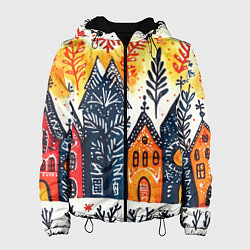 Куртка с капюшоном женская Разноцветные новогодние дома, цвет: 3D-черный