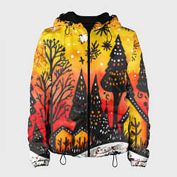 Куртка с капюшоном женская Елочки на фоне оранжевого неба, цвет: 3D-черный