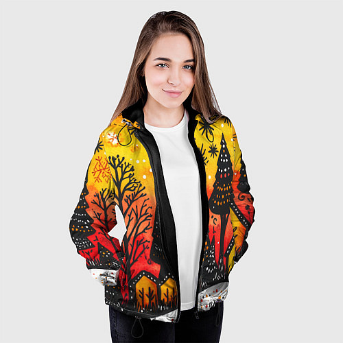 Женская куртка Елочки на фоне оранжевого неба / 3D-Черный – фото 3