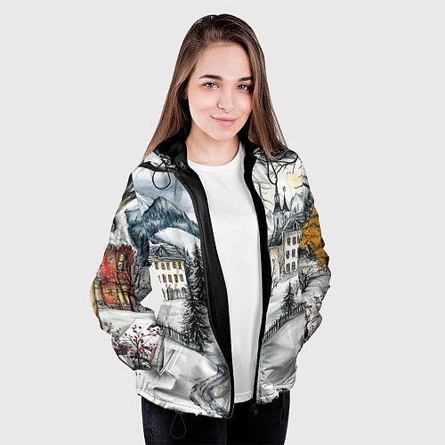 Женская куртка Заснеженный старый город / 3D-Черный – фото 3