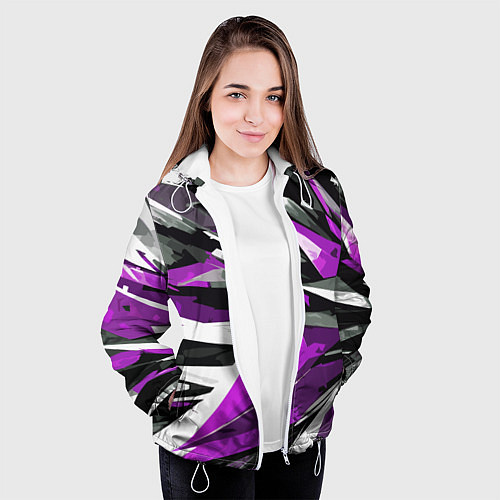 Женская куртка Чёрно-фиолетово-белая абстракция / 3D-Белый – фото 3