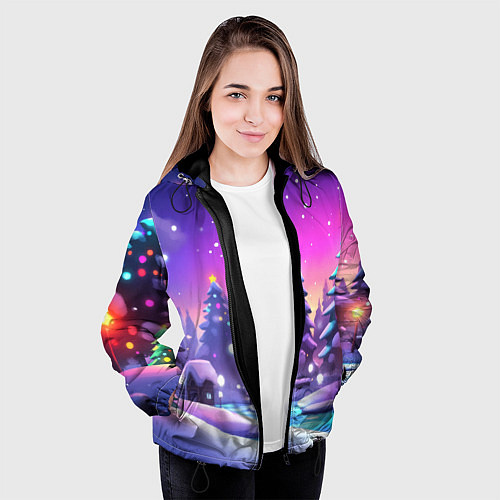 Женская куртка Новогоднее настроение зимний пейзаж / 3D-Черный – фото 3