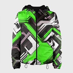 Куртка с капюшоном женская Бело-зелёный техно паттерн на чёрном фоне, цвет: 3D-черный
