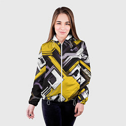 Куртка с капюшоном женская Бело-жёлтый техно паттерн на чёрном фоне, цвет: 3D-белый — фото 2