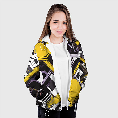 Женская куртка Бело-жёлтый техно паттерн на чёрном фоне / 3D-Белый – фото 3