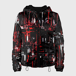 Куртка с капюшоном женская Бело-красная тревожная абстракция на чёрном фоне, цвет: 3D-черный
